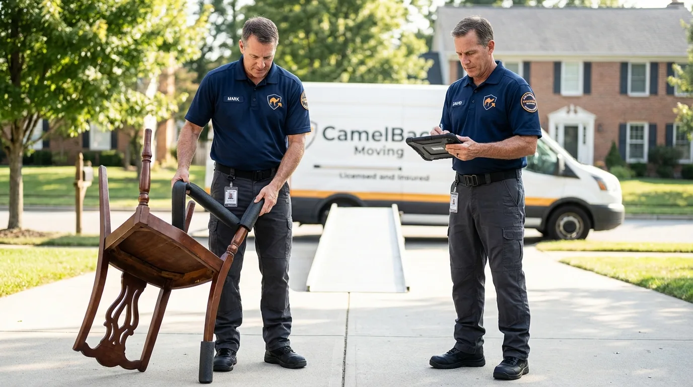Movers inspecting furniture for damage prevention before loading in Mountain Home, ID